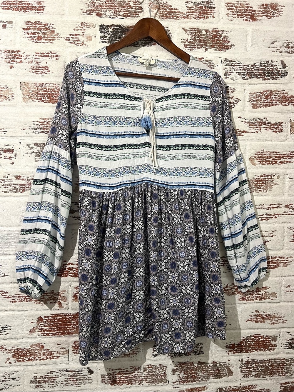 Umgee Boho Tunic Blouse Boho Cottagecore Peasant Balloon Sleeve Tassel Sz M